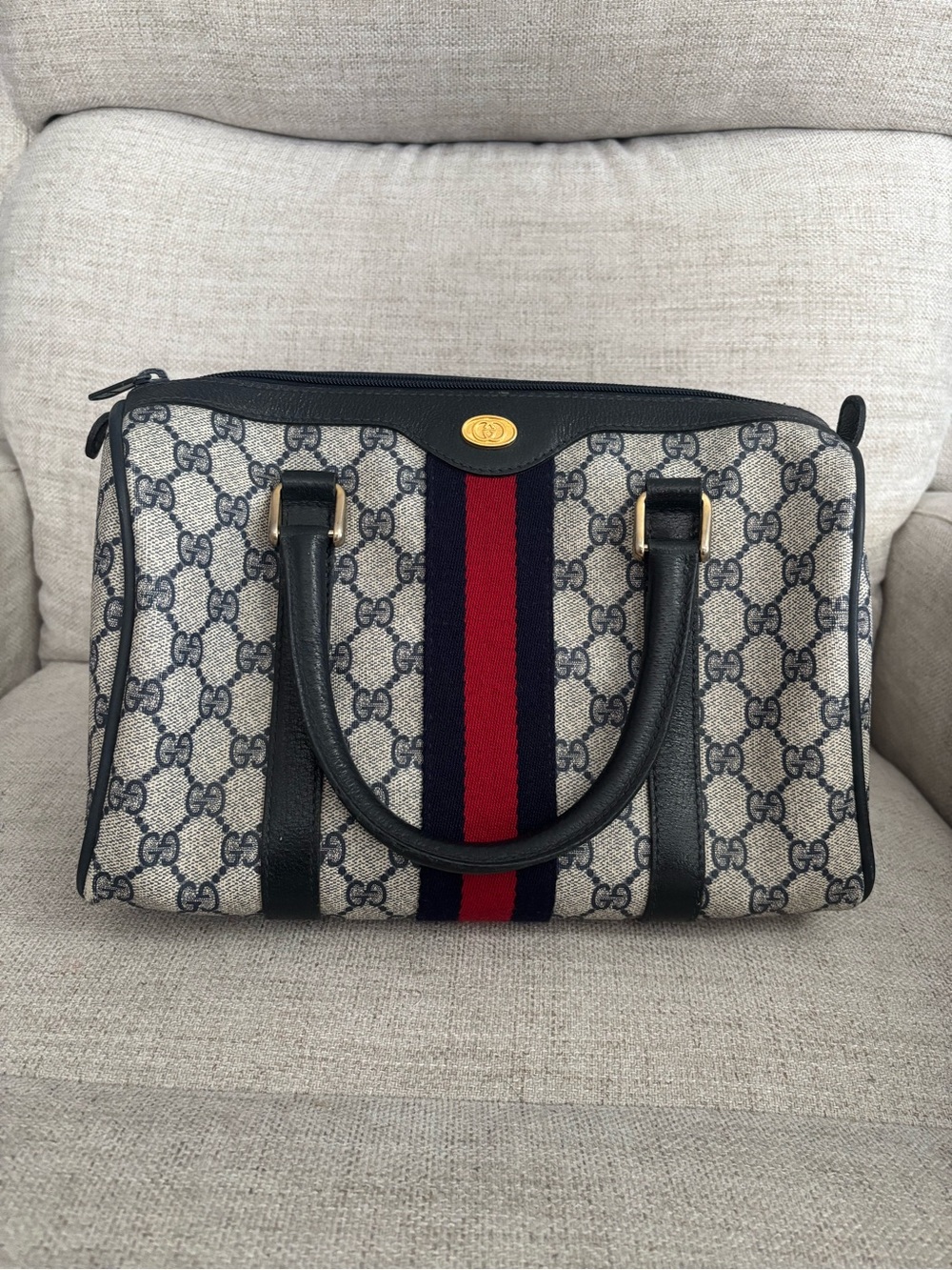 Gucci Beige GG Canvas Boston Bag with Sherry Line Navy